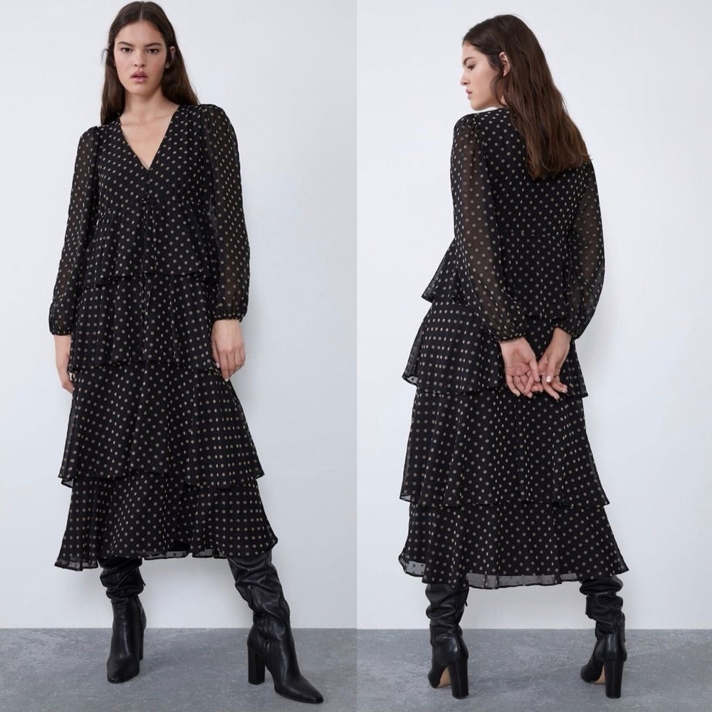 Zara Black & Brown Polka Dot Ruffle Long Sleeve Maxi Dress Women’s Size Small